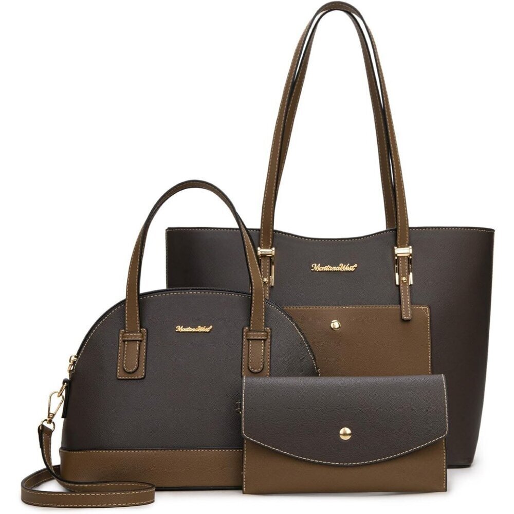 Women's Grey&brown 3PCS Purses Tote Wallet Shoulder Satchel Handbags Set